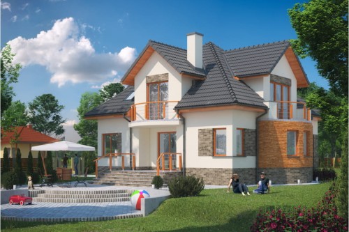 Projekt domu Kluczbork DM-6343, parterowy z poddaszem mieszkalnym, bez podpiwniczenia, bez garażu - kolorystyka wersja 1