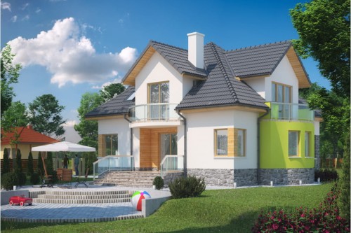 Projekt domu Kluczbork DM-6343, parterowy z poddaszem mieszkalnym, bez podpiwniczenia, bez garażu - kolorystyka wersja 2