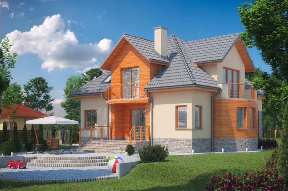 Projekt domu Kluczbork DM-6343, parterowy z poddaszem mieszkalnym, bez podpiwniczenia, bez garażu - kolorystyka wersja 4