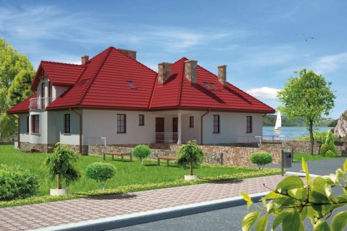 Projekt domu Gniezno DM-6440, parterowy z użytkowym poddaszem, dwurodzinny, z dwoma garażami, częściowo podpiwniczony - kolorystyka wersja 2