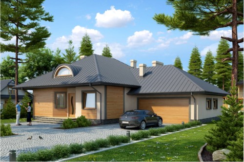 Projekt domu Owczary DM-6372, parterowy z poddaszem mieszkalnym, z garażem dwustanowiskowym, bez podpiwniczenia - kolorystyka wersja 1
