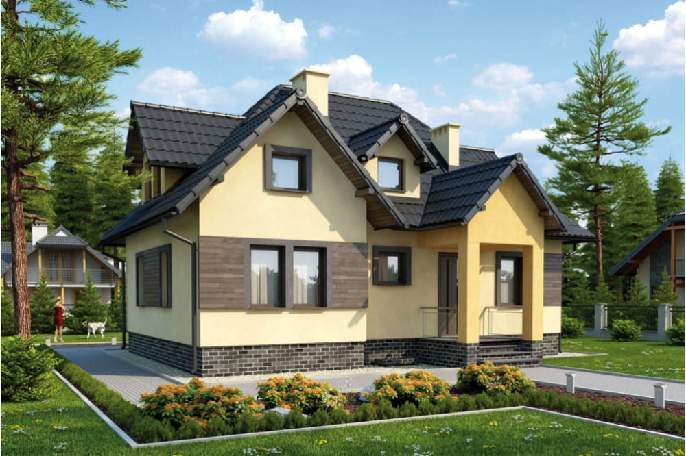Projekt domu Pszenicznik L-6262, parterowy z poddaszem mieszkalnym, częściowo podpiwniczony - kolorystyka wersja 4