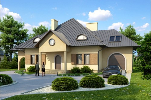 Projekt domu Skarbniewo DM-5562,  jednorodzinny, parterowy z poddaszem mieszkalnym, z garażem, bez podpiwniczenia - kolorystyka wersja 2