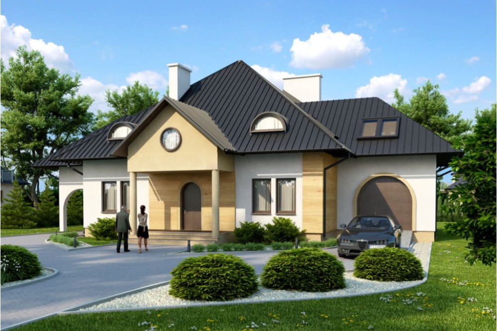 Projekt domu Skarbniewo DM-5562,  jednorodzinny, parterowy z poddaszem mieszkalnym, z garażem, bez podpiwniczenia - kolorystyka wersja 3