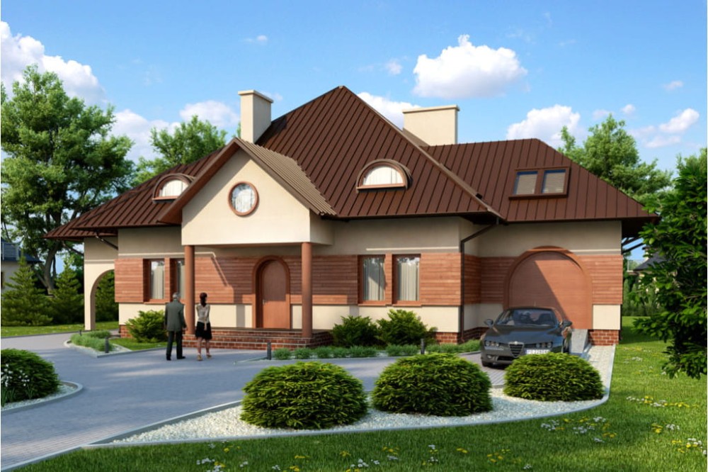 Projekt domu Skarbniewo DM-5562,  jednorodzinny, parterowy z poddaszem mieszkalnym, z garażem, bez podpiwniczenia - kolorystyka wersja 4