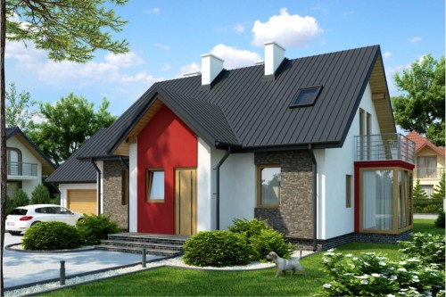 Projekt domu Świerklany DM-6383, parterowy z poddaszem mieszkalnym, częściowo podpiwniczony, z garażem dwustanowiskowym - kolorystyka wersja 1