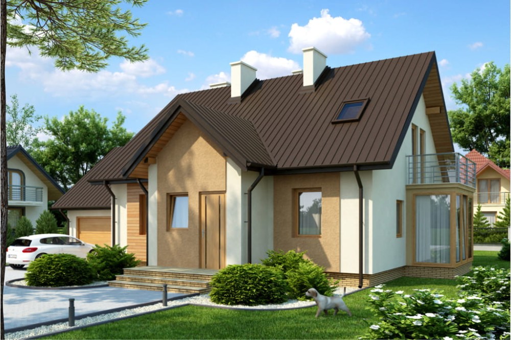 Projekt domu Świerklany DM-6383, parterowy z poddaszem mieszkalnym, częściowo podpiwniczony, z garażem dwustanowiskowym -kolorystyka wersja  2