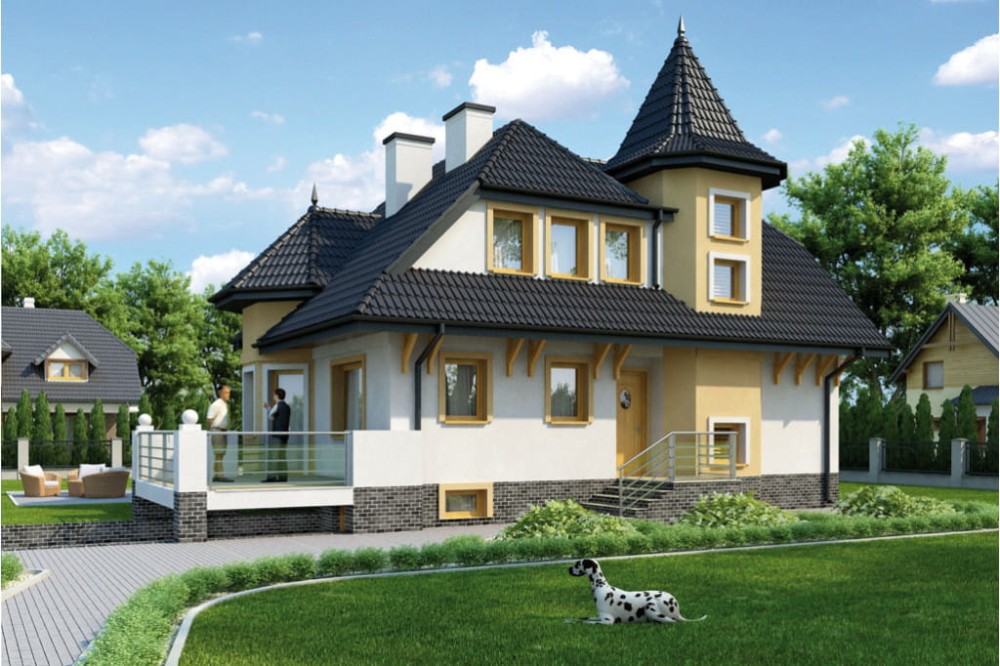 Projekt domu Krutyń L-6224, parterowy z poddaszem mieszkalnym, częściowo podpiwniczony z garażem - kolorystyka wersja 1