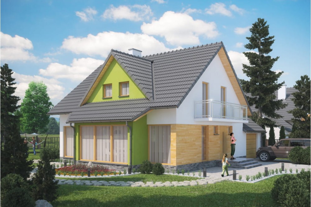 Projekt domu Dębiny 2 L-6359, parterowy z poddaszem mieszkalnym, z garażem, bez podpiwniczenia - kolorystyka wersja 1