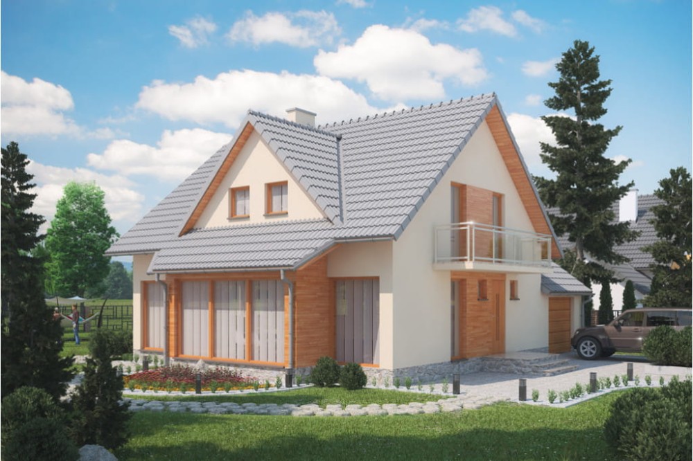 Projekt domu Dębiny 2 L-6359, parterowy z poddaszem mieszkalnym, z garażem, bez podpiwniczenia - kolorystyka wersja 3