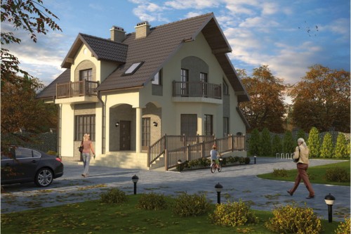 Projekt domu Puławy 2 L-6104, parterowy z częścią przeznaczoną na sklep, z poddaszem mieszkalnym, podpiwniczony - kolorystyka wersja 1