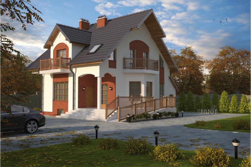 Projekt domu Puławy 2 L-6104, parterowy z częścią przeznaczoną na sklep, z poddaszem mieszkalnym, podpiwniczony - kolorystyka wersja 2