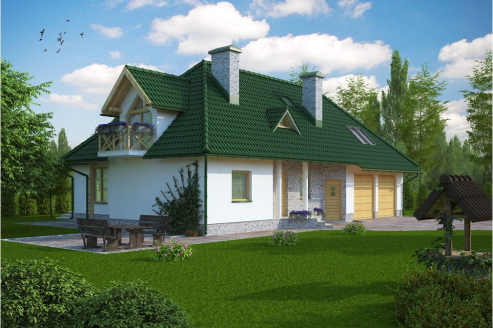 Projekt domu Galewice DM-6132, parterowy z poddaszem użytkowym, garażem dwustanowiskowym, niepodpiwniczony - kolorystyka wersja 1