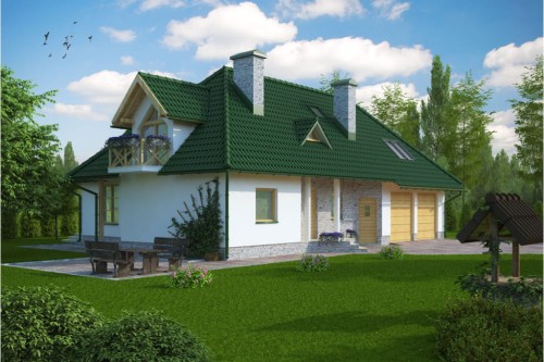 Projekt domu Galewice DM-6132, parterowy z poddaszem użytkowym, garażem dwustanowiskowym, niepodpiwniczony - kolorystyka wersja 1