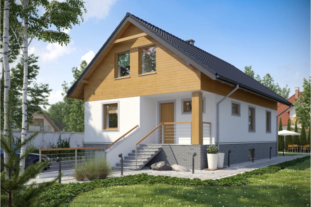 Projekt domu Orchowiec L-6106, parterowy z garażem, z poddaszem mieszkalnym, częściowo podpiwniczony - kolorystyka wersja 2
