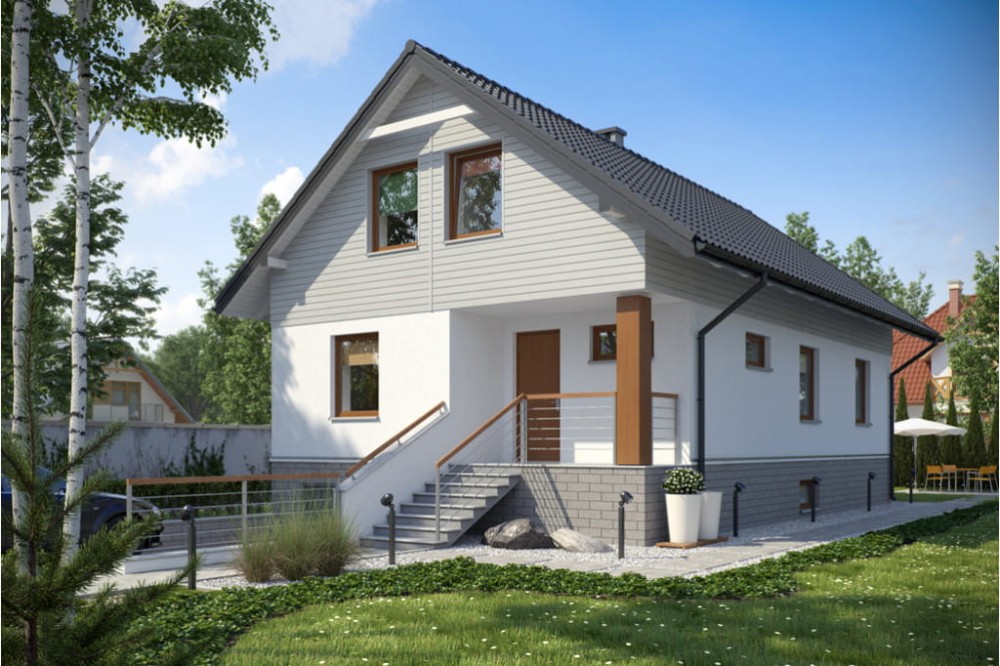 Projekt domu Orchowiec L-6106, parterowy z garażem, z poddaszem mieszkalnym, częściowo podpiwniczony - kolorystyka wersja 4