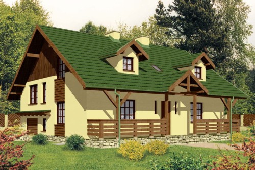 Projekt domu Wolanów DM-6175, parterowy z poddaszem mieszkalnym, podpiwniczony z garażem, z wydzieloną częścią gospodarczą - kolorystyka wersja 2