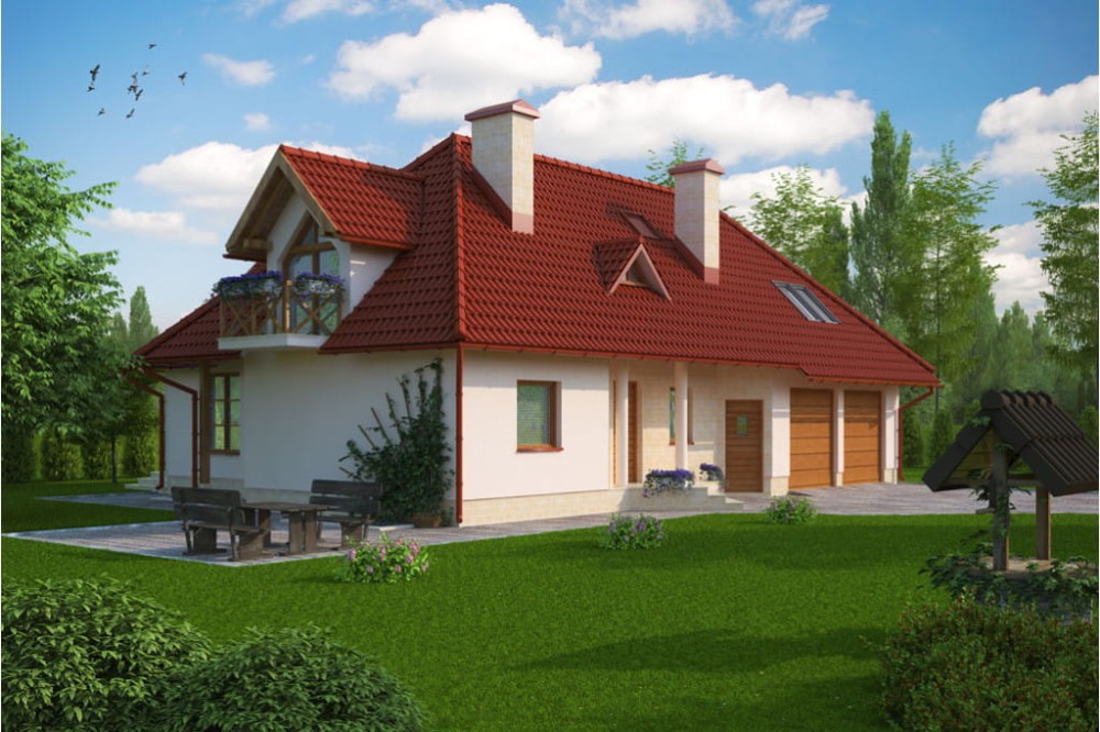Projekt domu Galewice B DM-6132 B, parterowy z poddaszem użytkowym, garażem dwustanowiskowym, podpiwniczony - kolorystyka wersja 4