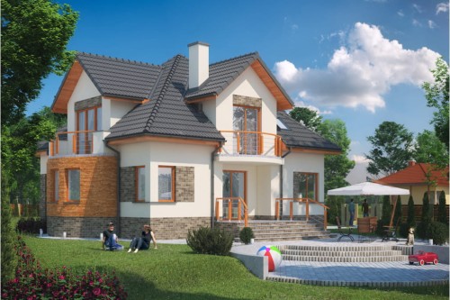 Projekt domu Kluczbork 2 L-6343, parterowy z poddaszem mieszkalnym, bez podpiwniczenia, bez garażu - kolorystyka wersja 1