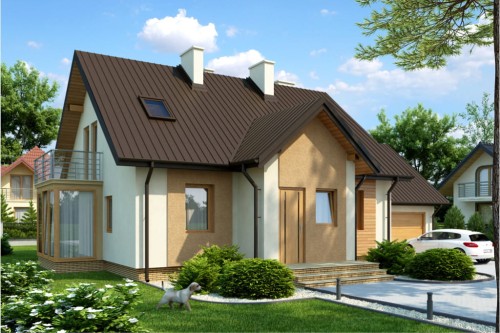 Projekt domu Świerklany 2 L-6383, parterowy z poddaszem mieszkalnym, częściowo podpiwniczony, z garażem dwustanowiskowym-kolorystyka wersja 2