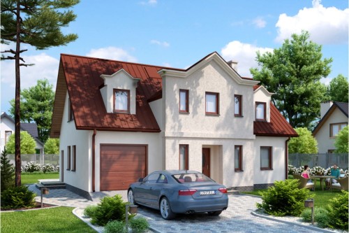 Projekt domu Brulinów L-6288, parterowy z użytkowym poddaszem, z garażem jednostanowiskowym, bez podpiwniczenia - kolorystyka wersja 1