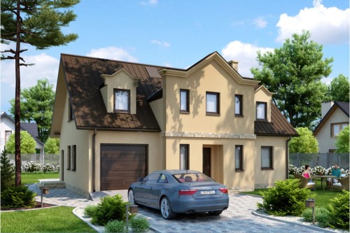 Projekt domu Brulinów L-6288, parterowy z użytkowym poddaszem, z garażem jednostanowiskowym, bez podpiwniczenia - kolorystyka wersja 2