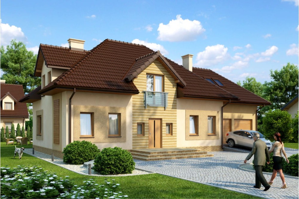 Projekt domu Bielany DM-6364, parterowy z poddaszem mieszkalnym, bez podpiwniczenia, z garażem - kolorystyka wersja 3