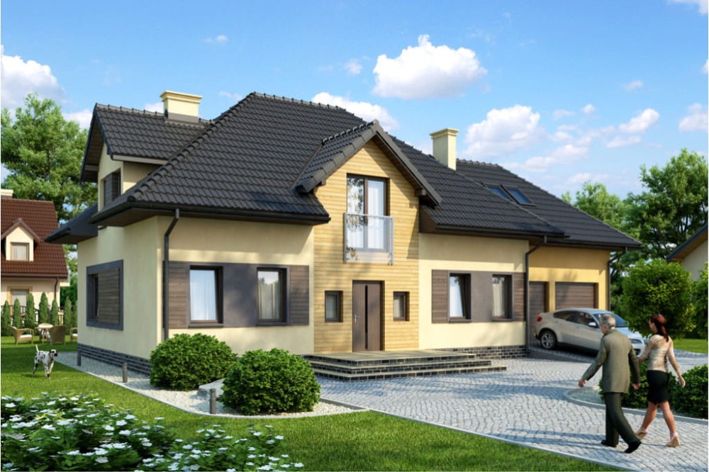Projekt domu Bielany DM-6364, parterowy z poddaszem mieszkalnym, bez podpiwniczenia, z garażem - kolorystyka wersja 4