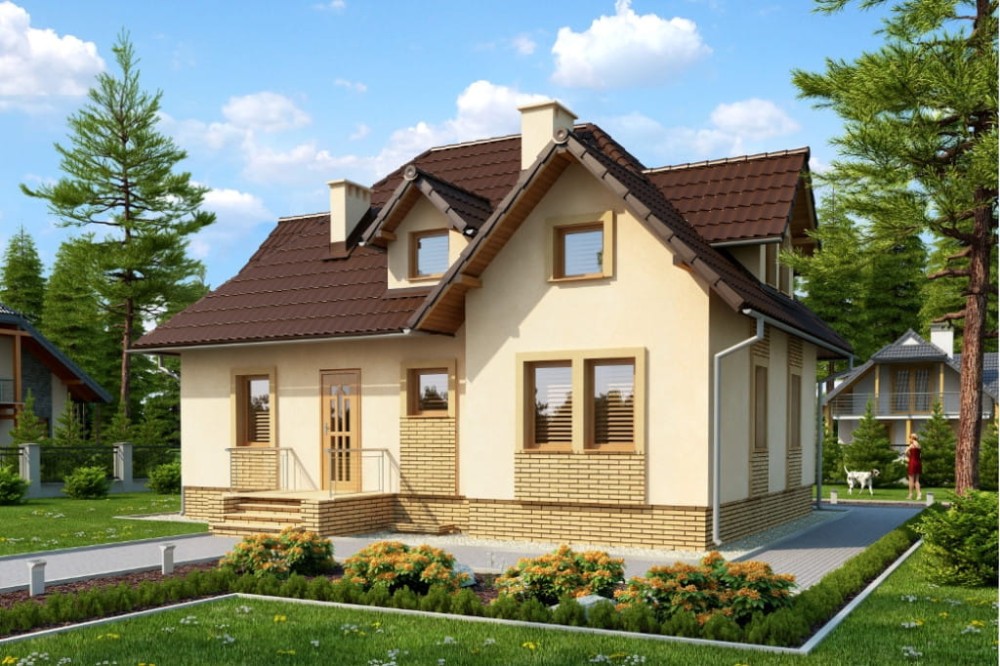 Projekt domu Przybyłów N DM-6262 N, parterowy z poddaszem mieszkalnym, częściowo podpiwniczony - kolorystyka wersja 1