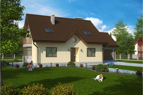 Projekt domu Tarnogóra DM-6124, parterowy z poddaszem użytkowym, garażem dwustanowiskowym, częściowo podpiwniczony - kolorystyka wersja 1