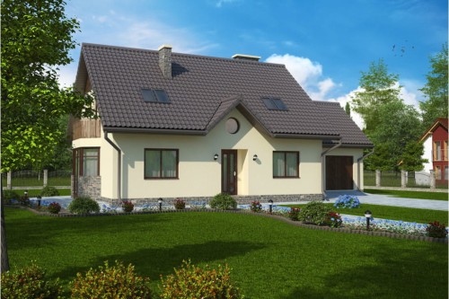 Projekt domu Tarnogóra DM-6124, parterowy z poddaszem użytkowym, garażem dwustanowiskowym, częściowo podpiwniczony - kolorystyka wersja 2