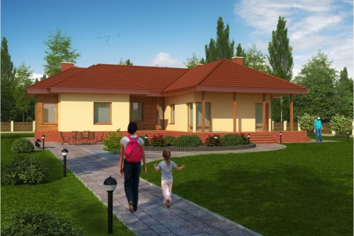 Projekt domu Sycewo B DM-6107 B,  parterowy, podpiwniczony, z garażem dwustanowiskowym - kolorystyka wersja 1