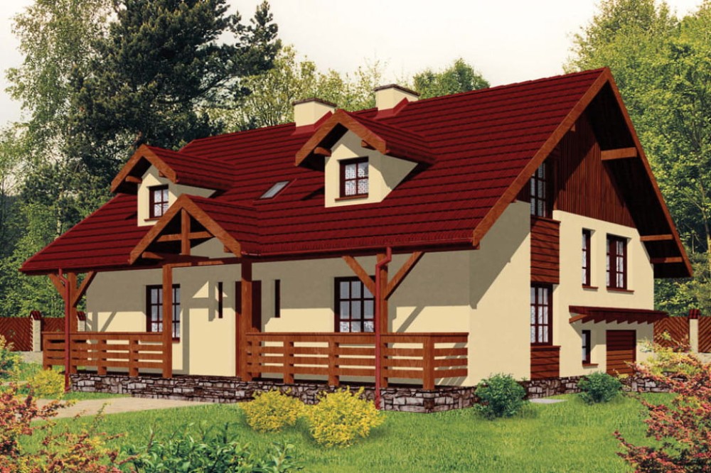Projekt domu Stryjewo L-6175, parterowy z poddaszem mieszkalnym, podpiwniczony z garażem, z wydzieloną częścią gospodarczą - kolorystyka wersja 1