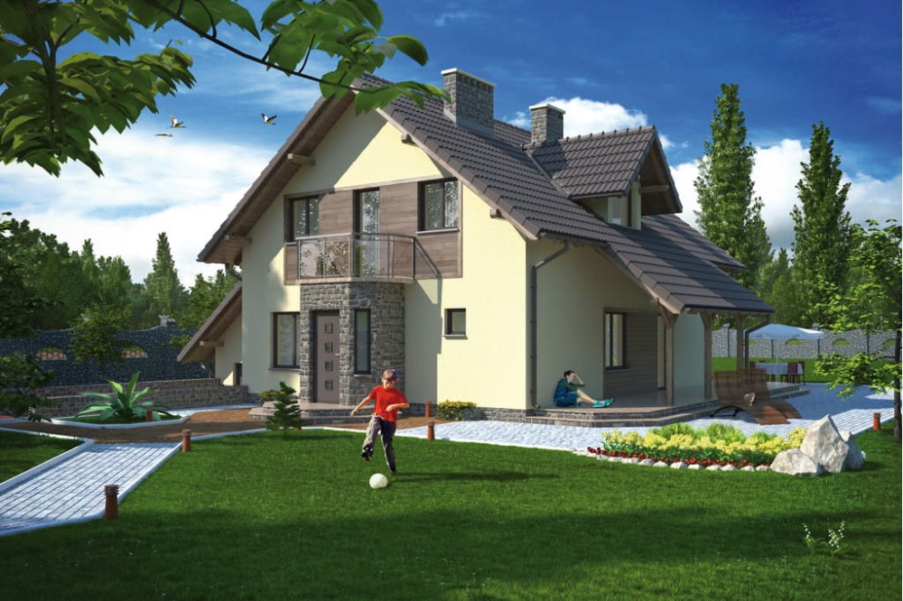 Projekt domu Regnów L-5531,  parterowy z poddaszem mieszkalnym, częściowo podpiwniczony, z garażem - kolorystyka wersja 1