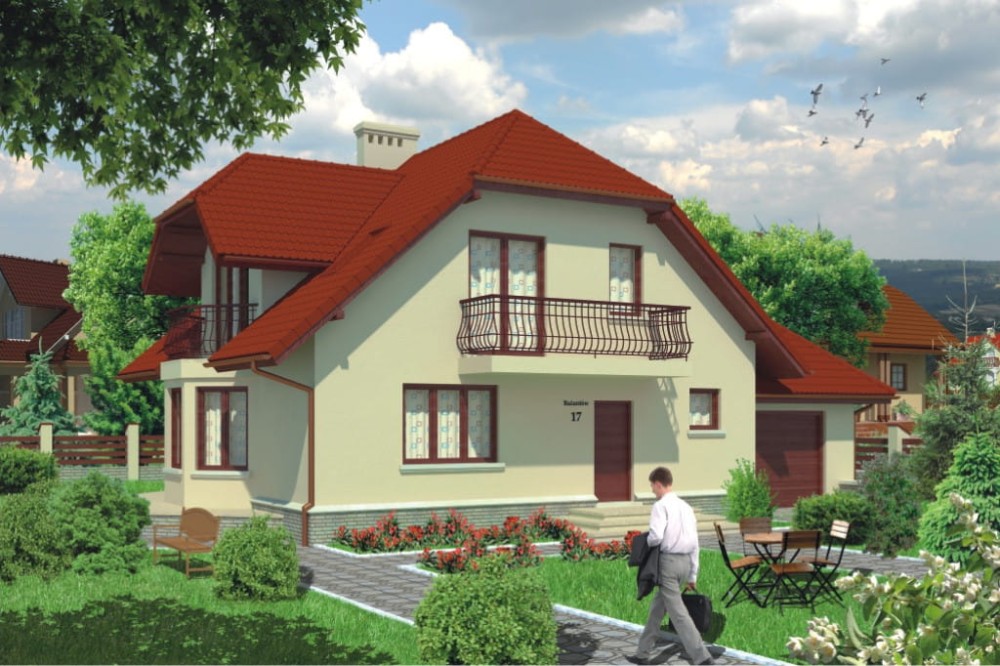Projekt domu Okunin DM-6432, parterowy z poddaszem mieszkalnym, bez podpiwniczenia, z garażem - kolorystyka wersja 1
