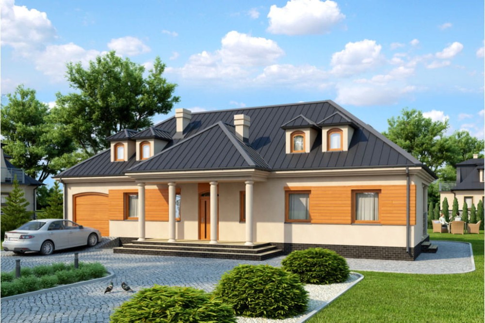 Projekt domu Strzegocin DM-6317, parterowy z poddaszem mieszkalnym, z garażem, bez podpiwniczenia - kolorystyka wersja 1