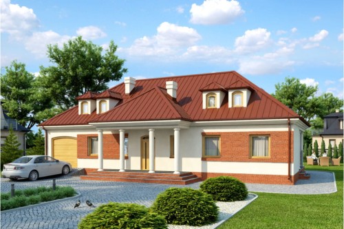 Projekt domu Strzegocin DM-6317, parterowy z poddaszem mieszkalnym, z garażem, bez podpiwniczenia - kolorystyka wersja 2