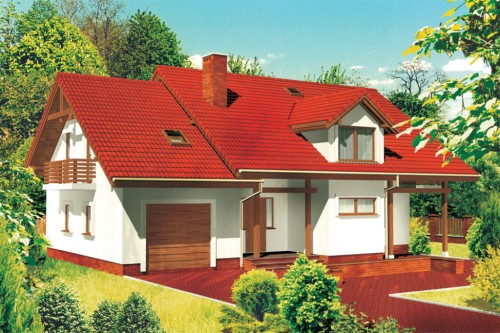 Projekt domu Bielanki DM-6177, parterowy z poddaszem mieszkalnym, częściowo podpiwniczony, z garażem z wydzieloną częścią gospodarczą-kolorystyka wersja 1