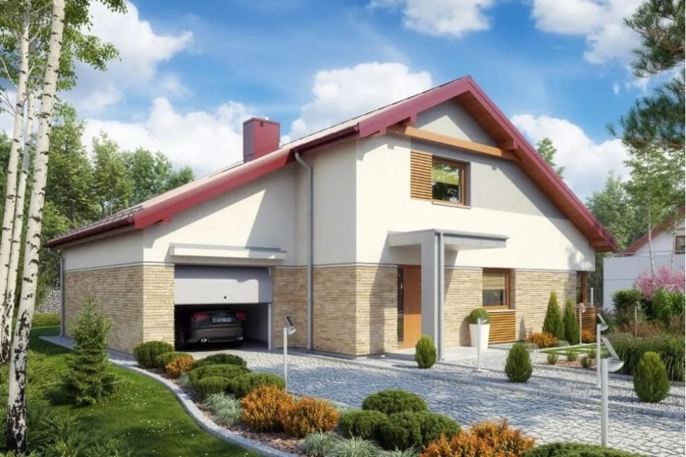 Projekt domu Nasturczynek 2 tech. L-6564 tech., parterowy z poddaszem do adaptacji, jednorodzinny, tradycyjny z garażem, bez podpiwniczenia -wizualizacja elewacji frontowej
