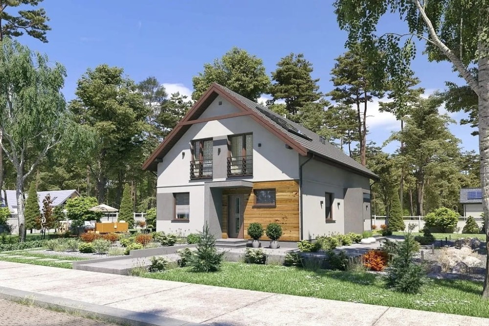 Projekt domu Favianis tech. DM-6713 tech., dwulokalowy, parterowy z poddaszem użytkowym, niepodpiwniczony, bez garażu - kolorystyka wersja 1