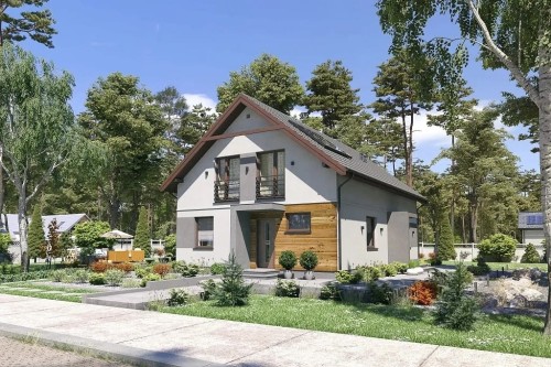Projekt domu Favianis tech. DM-6713 tech., dwulokalowy, parterowy z poddaszem użytkowym, niepodpiwniczony, bez garażu - kolorystyka wersja 1
