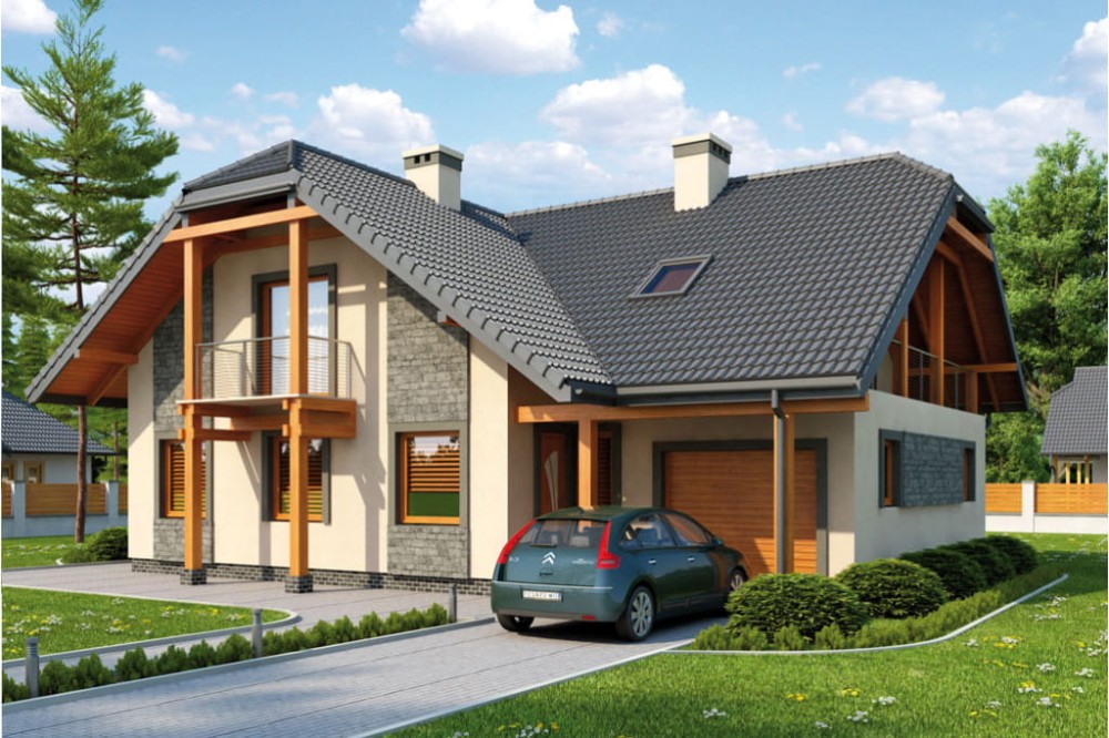 Projekt domu Taciszów L-6269, parterowy z poddaszem mieszkalnym, z garażem, bez podpiwniczenia - kolorystyka wersja 1