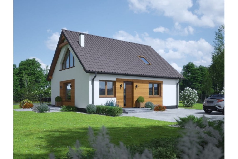 Projekt domu Eliorne tech. DM-6812 tech., parterowy z poddaszem użytkowym, niepodpiwniczony i bez garażu - kolorystyka wersja 1