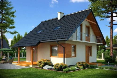 Projekt domu Prądnik tech. DM-6143 tech., parterowy z poddaszem mieszkalnym, częściowo podpiwniczony - kolorystyka wersja 1