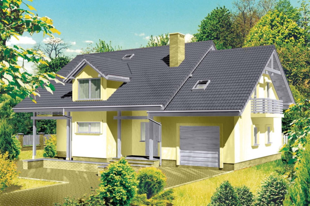 Projekt domu Radlice L-6177, parterowy z poddaszem mieszkalnym, częściowo podpiwniczony, z garażem z wydzieloną częścią gospodarczą-kolorystyka wersja 3