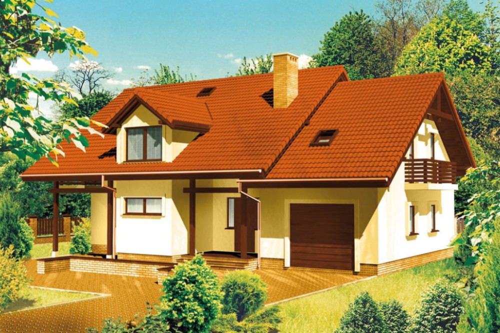 Projekt domu Radlice L-6177, parterowy z poddaszem mieszkalnym, częściowo podpiwniczony, z garażem z wydzieloną częścią gospodarczą-kolorystyka wersja 4