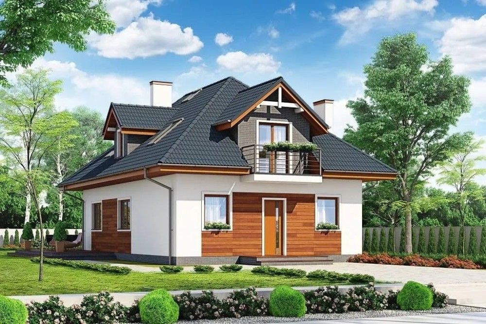 Projekt domu Skimia 1 tech. DM-6624 tech., parterowy z poddaszem użytkowym, jednorodzinny, tradycyjny, bez garażu, bez podpiwniczenia - kolorystyka wersja 1