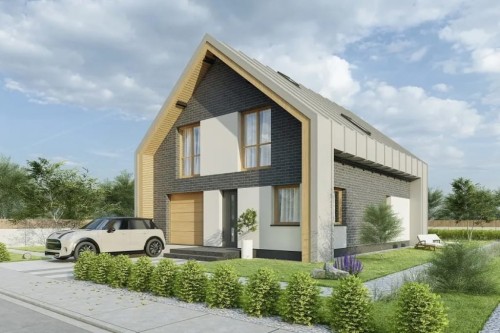 Projekt domu Matrico tech. DM-6807 tech., parterowy z poddaszem użytkowym, garażem jednostanowiskowym - kolorystyka wersja 1