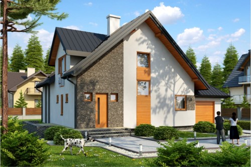 Projekt domu Siczyny DM-6381, parterowy z poddaszem mieszkalnym, bez podpiwniczenia, z garażem-kolorystyka wersja 1