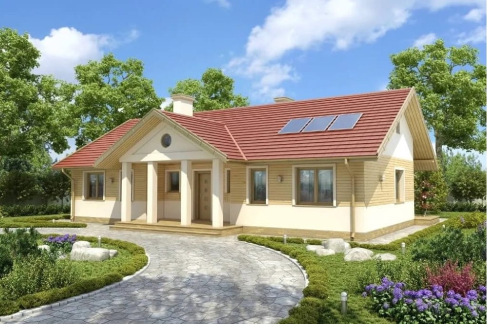 Projekt domu Sabotek tech. DM-6583 tech., parterowy, niepodpiwniczony - kolorystyka wersja 1